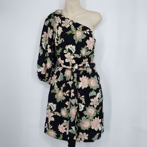 One Shoulder Floral Sun Dress Boho Linen Blend NWT